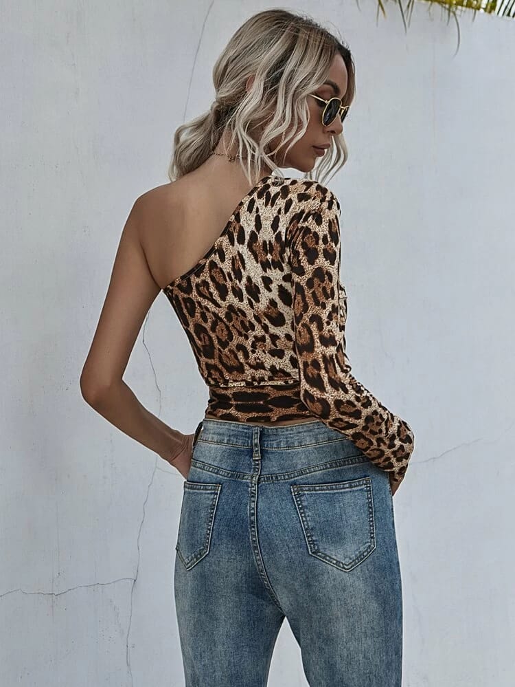 One Shoulder leopard print knot side crop top freeshipping - Kendiee