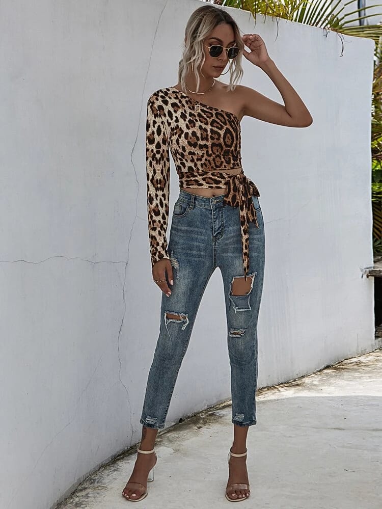 One Shoulder leopard print knot side crop top freeshipping - Kendiee