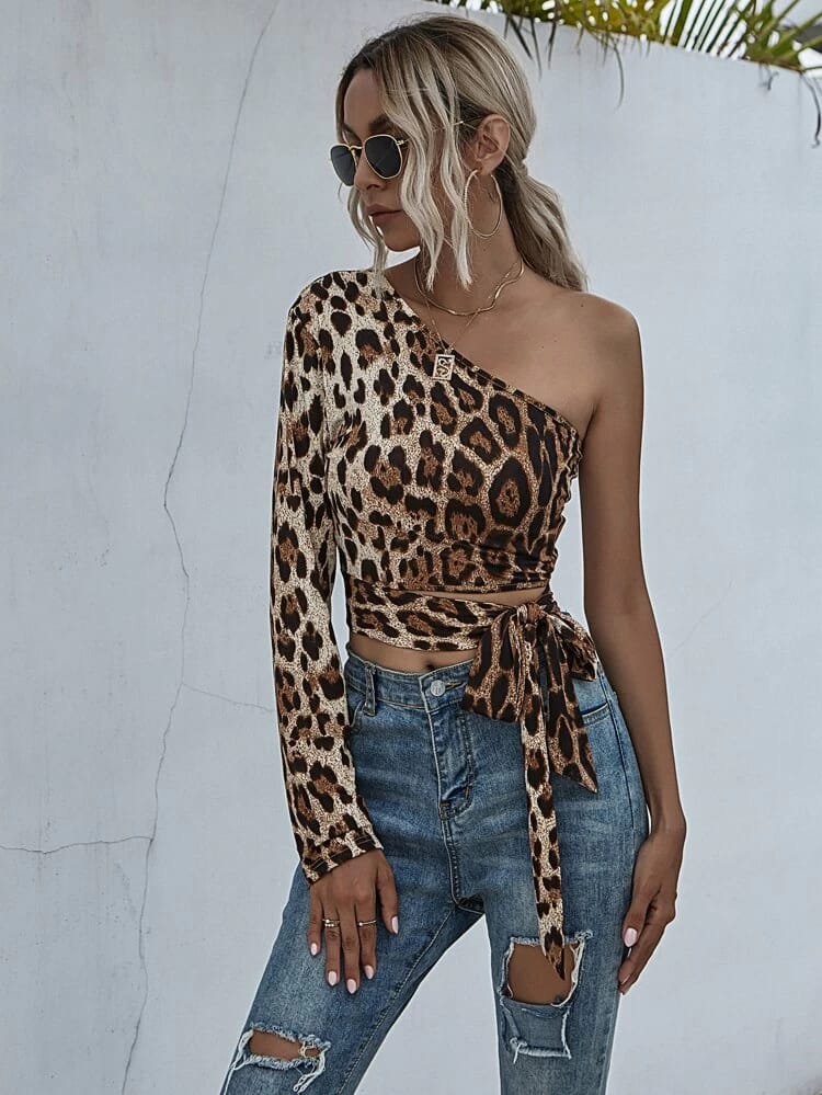 One Shoulder leopard print knot side crop top freeshipping - Kendiee