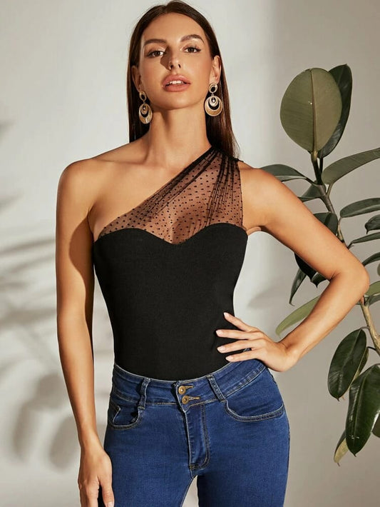 One Shoulder Dot Flocked Mesh Yoke Top freeshipping - Kendiee