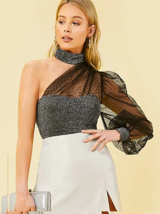 One shoulder dot mesh balloon sleeve glitter top freeshipping - Kendiee