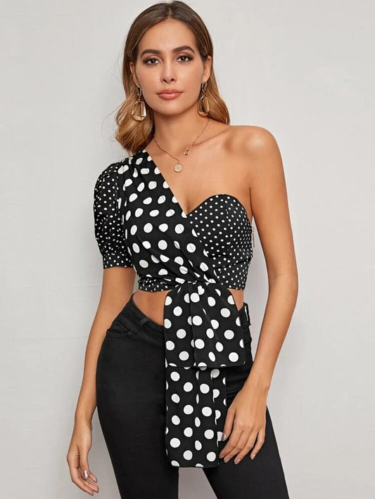 One Shoulder Draped Detail Polka Dot Crop Wrap Top freeshipping - Kendiee