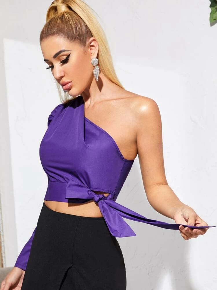 One shoulder gigot sleeve tie hem top freeshipping - Kendiee