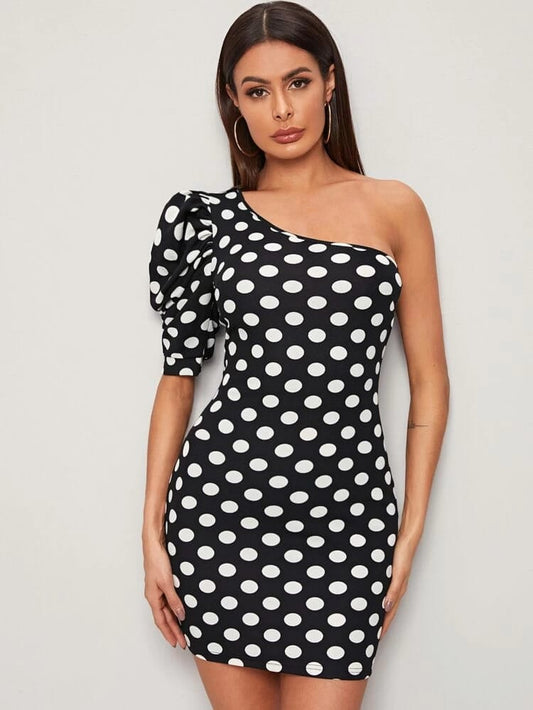 One Shoulder Puff Sleeve Dot Bodycon Dress freeshipping - Kendiee