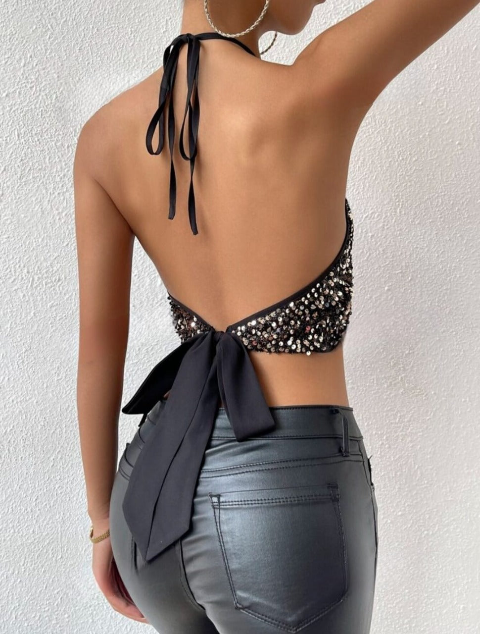 Open Back Crop Sequins Halter Top