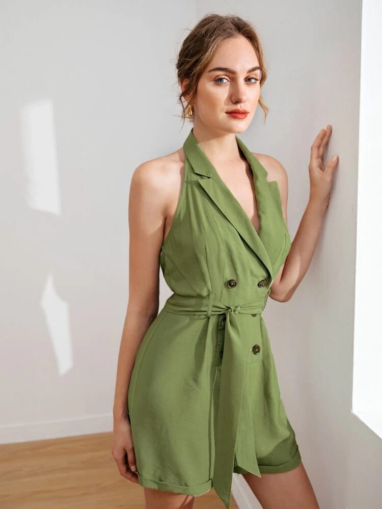 Open Back Double Button Front Self Belted Halter Shirt Romper freeshipping - Kendiee