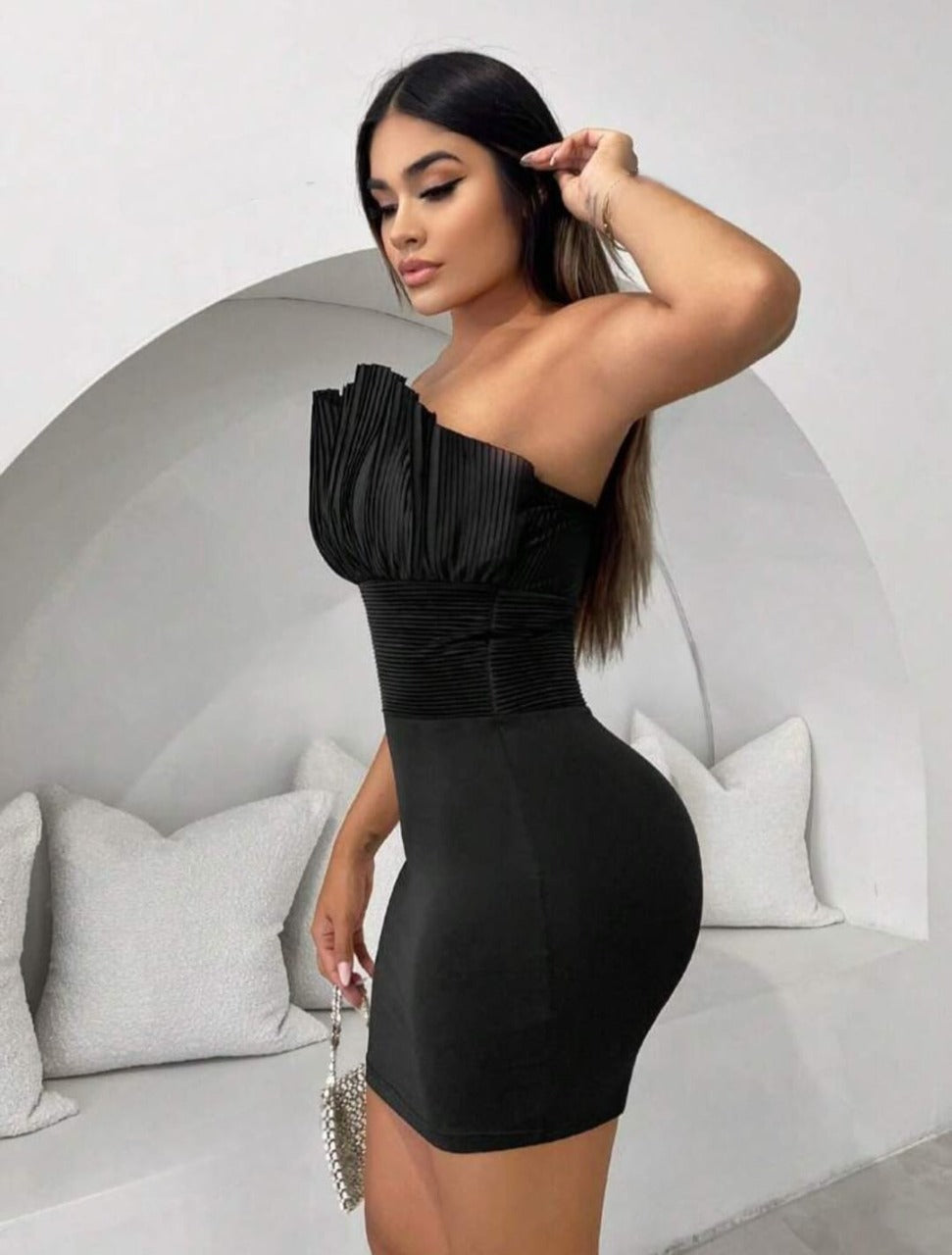 Pleated Splice Strapless Bodycon Mini Dress