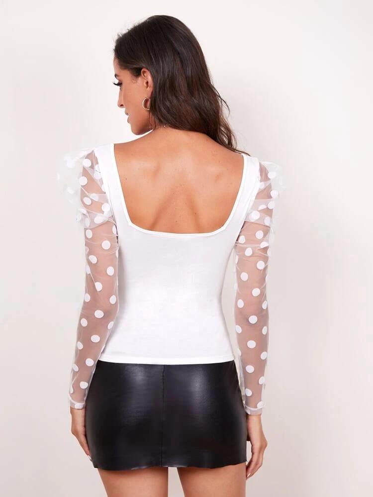 Polka Dot Sleeve Slim Top freeshipping - Kendiee