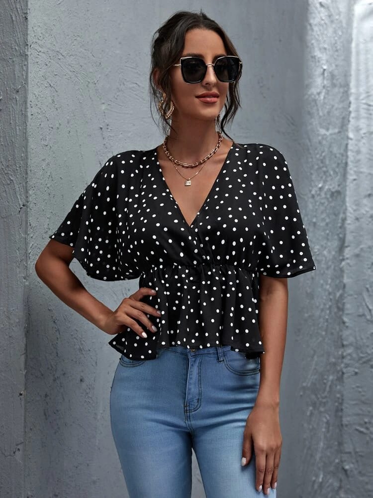 Polka Dot Surplice Front Peplum Blouse freeshipping - Kendiee