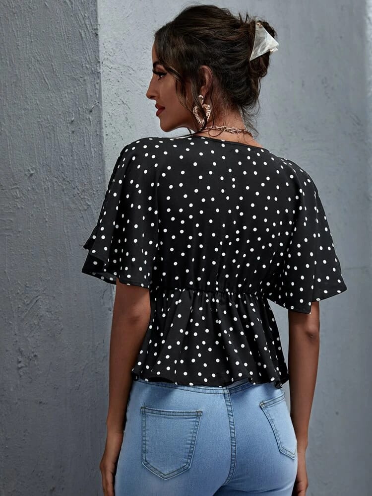 Polka Dot Surplice Front Peplum Blouse freeshipping - Kendiee