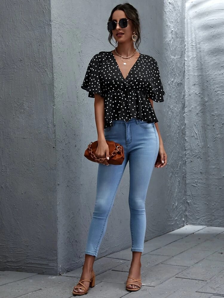 Polka Dot Surplice Front Peplum Blouse freeshipping - Kendiee