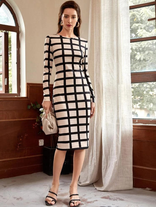 Round Neck Grid Dress freeshipping - Kendiee