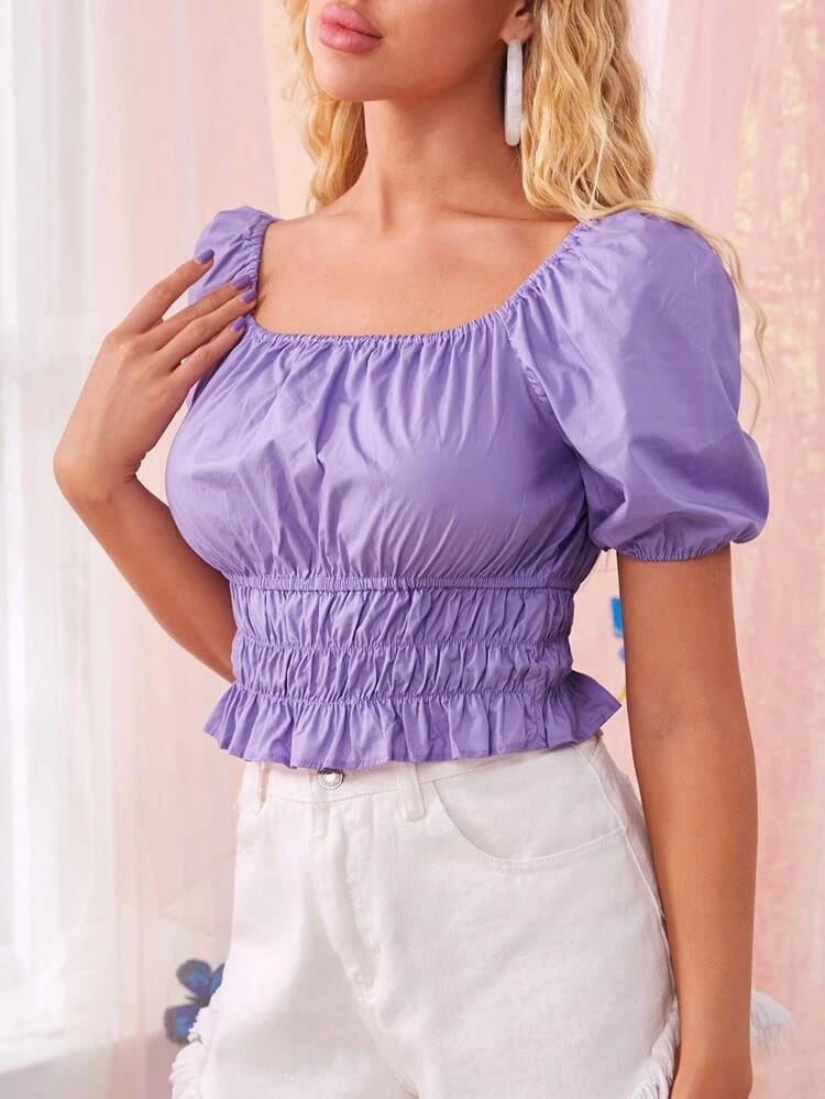 Ruffle Hem Shirred Blouse freeshipping - Kendiee