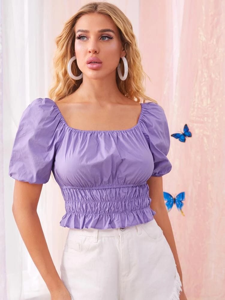 Ruffle Hem Shirred Blouse freeshipping - Kendiee