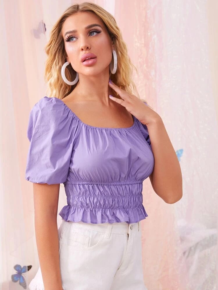 Ruffle Hem Shirred Blouse freeshipping - Kendiee