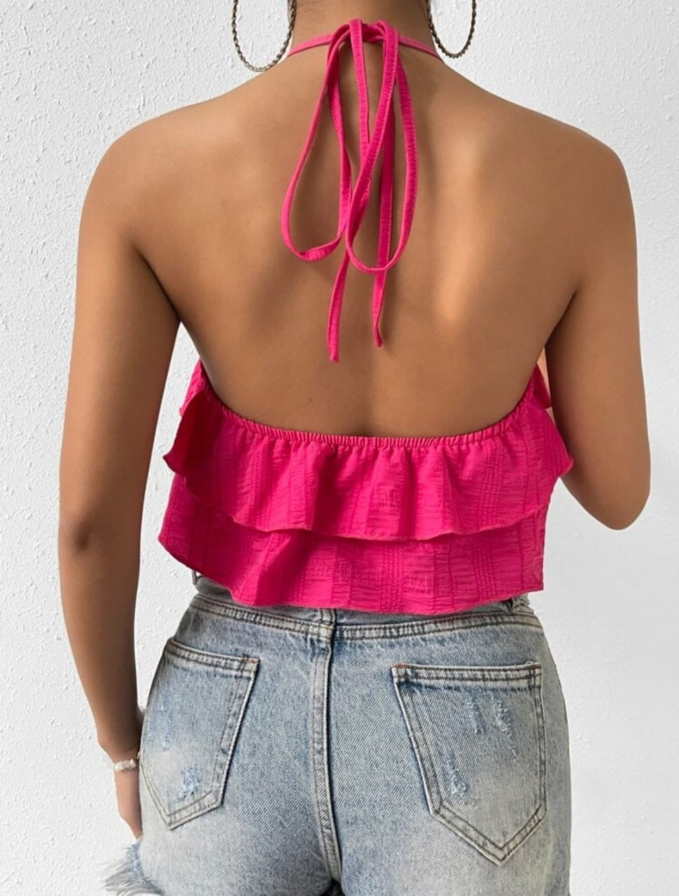 Ruffle Trim Tie Backless Halter Top