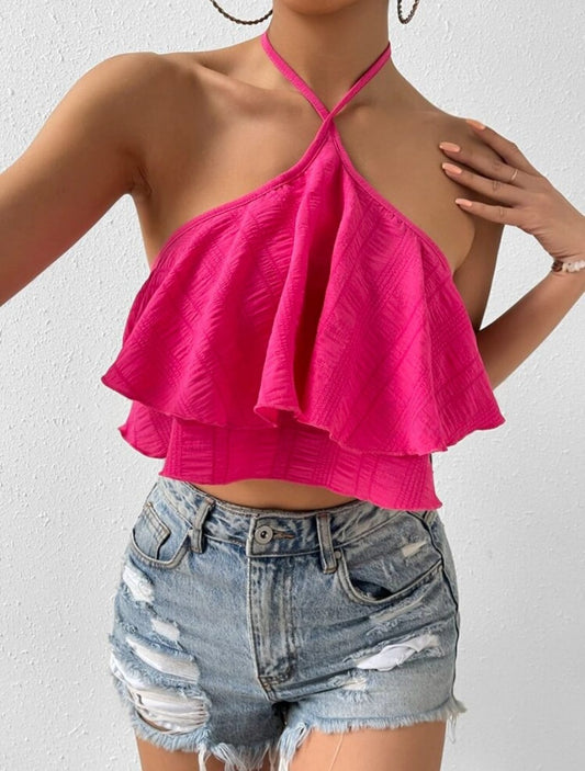 Ruffle Trim Tie Backless Halter Top