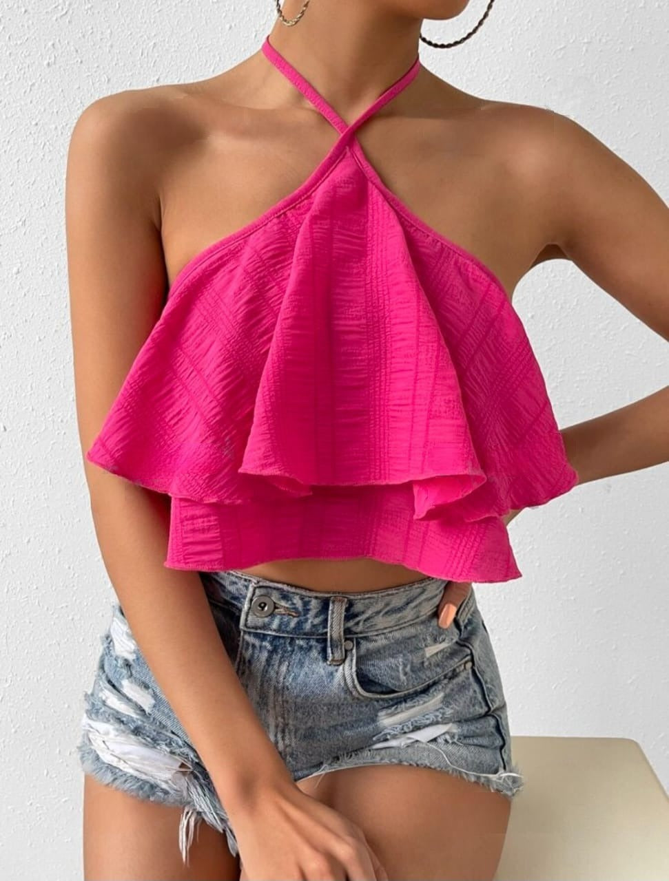 Ruffle Trim Tie Backless Halter Top