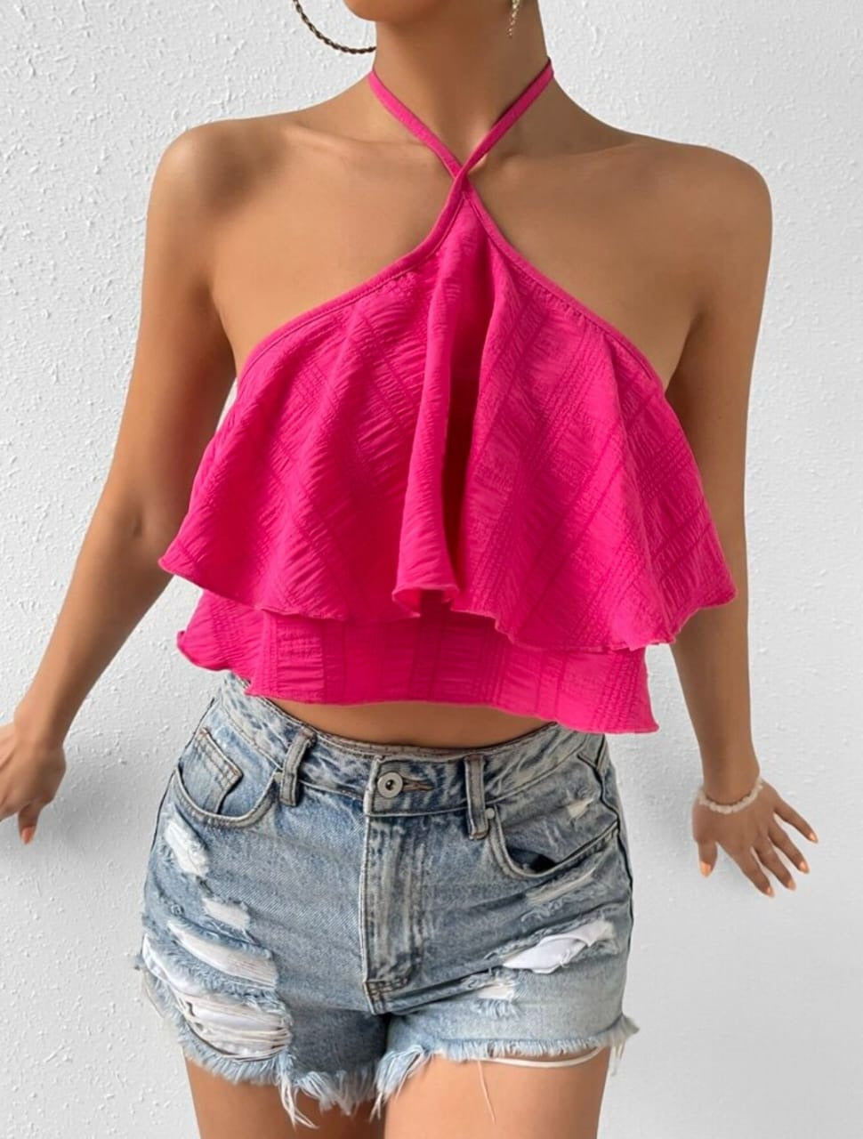 Ruffle Trim Tie Backless Halter Top