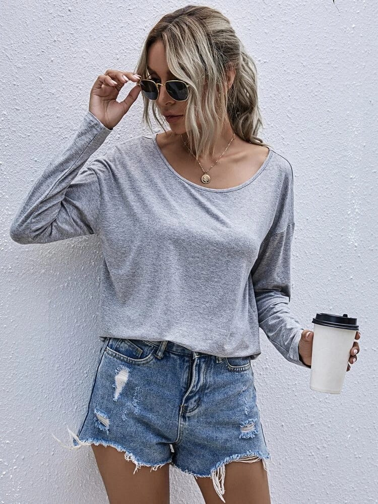 Scoop Neck Drop Shoulder Tee freeshipping - Kendiee