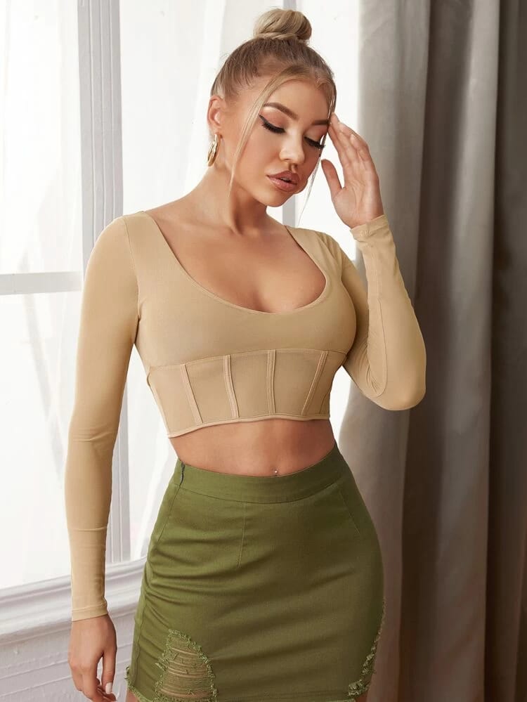 Scoop Neck Mesh Crop Top freeshipping - Kendiee