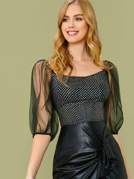 Sheer mesh sleeve sequin top freeshipping - Kendiee