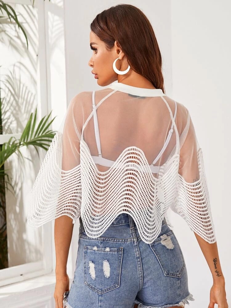 Sheer mesh yoke guipure lace top without bra freeshipping - Kendiee