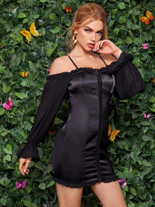 Shoulder Flounce Sleeve Hook and Eye Front Satin Dress freeshipping - Kendiee