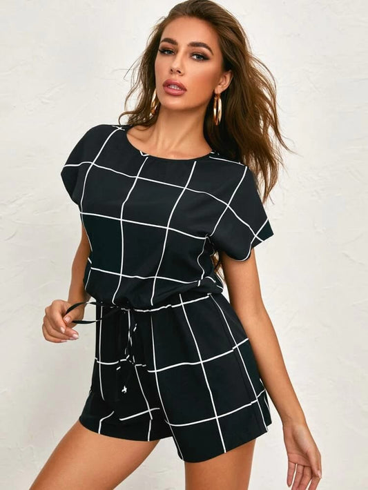 Split Back Knot Waist Grid Romper freeshipping - Kendiee