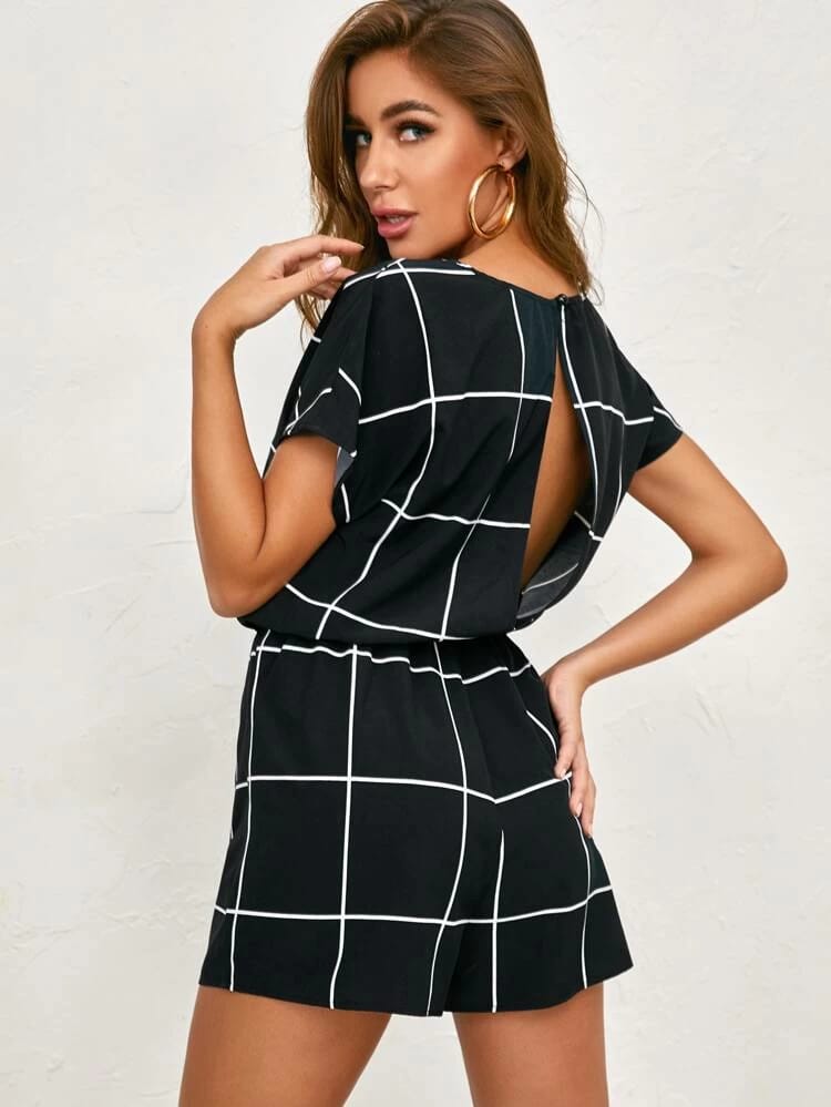 Split Back Knot Waist Grid Romper freeshipping - Kendiee