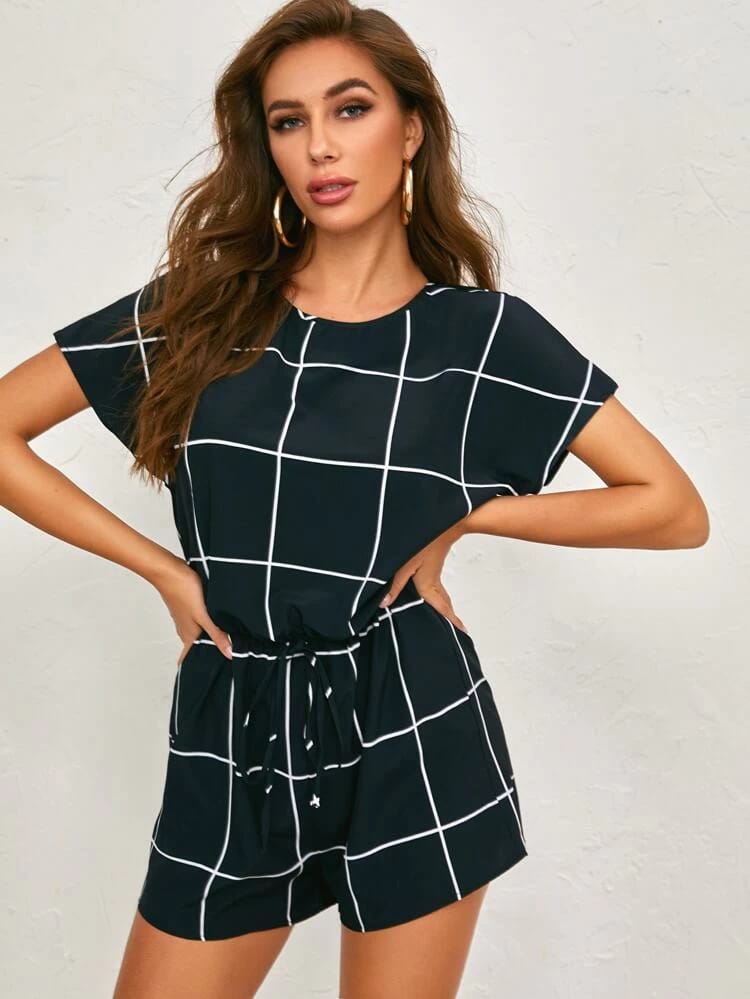 Split Back Knot Waist Grid Romper freeshipping - Kendiee