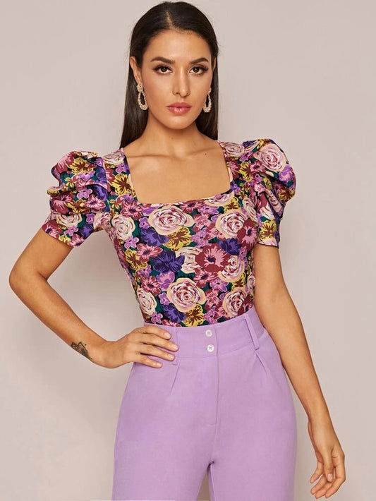 Square Neck Puff Sleeve Floral Print Top freeshipping - Kendiee