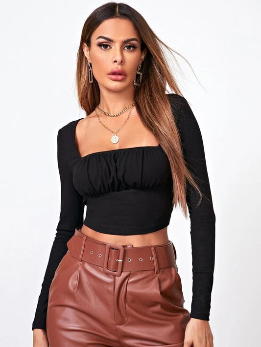 Square Neck Ruched Bust Crop Tee freeshipping - Kendiee