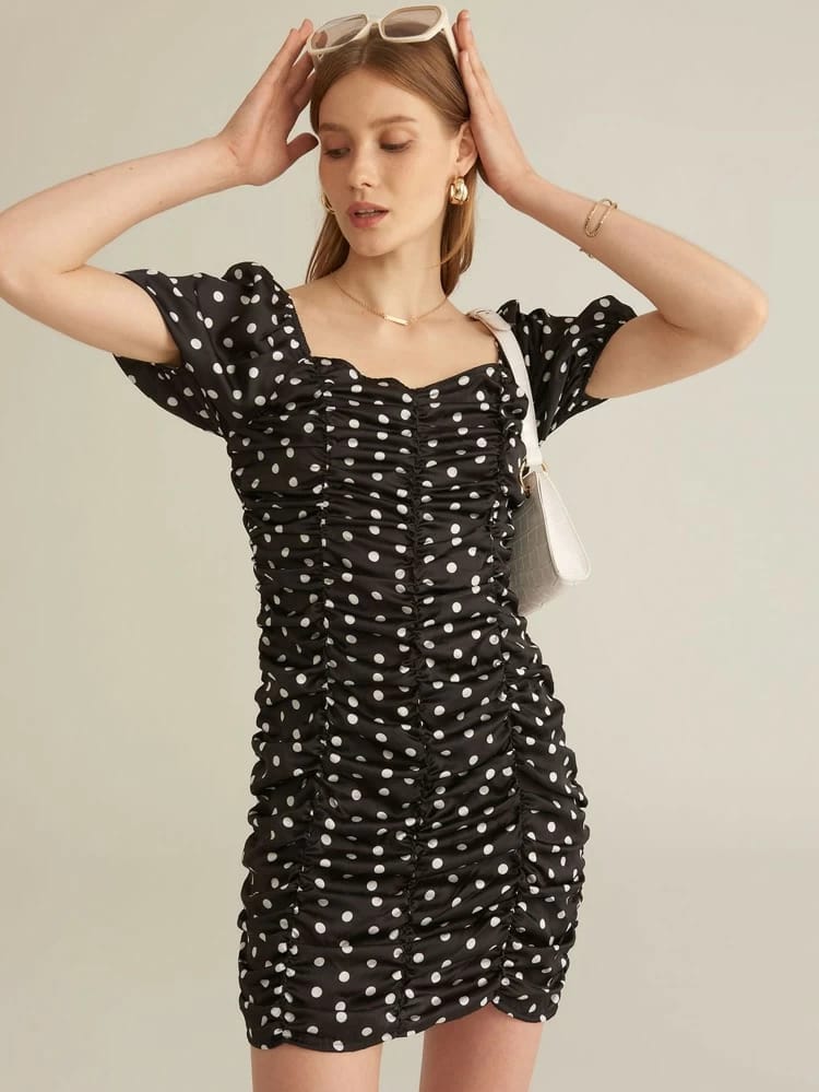 Square Neck Puff Sleeve Polka Dot Ruched Dress freeshipping - Kendiee