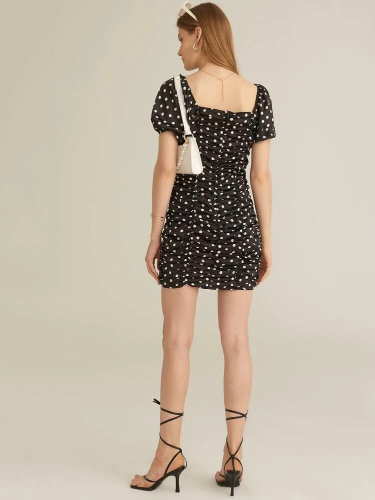 Square Neck Puff Sleeve Polka Dot Ruched Dress freeshipping - Kendiee