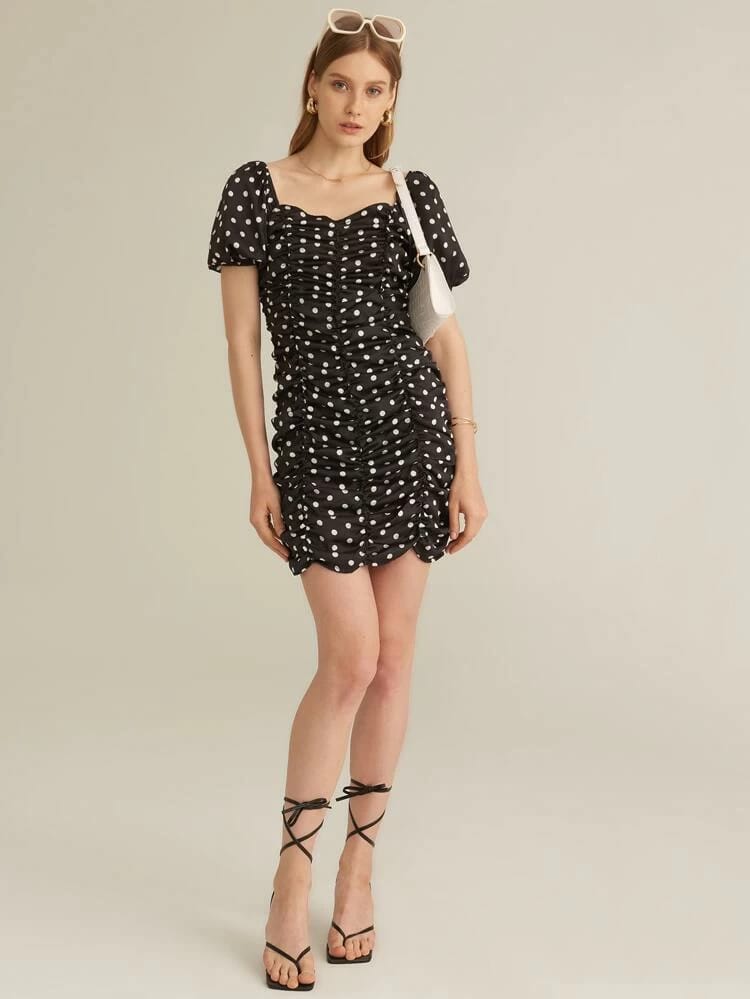 Square Neck Puff Sleeve Polka Dot Ruched Dress freeshipping - Kendiee