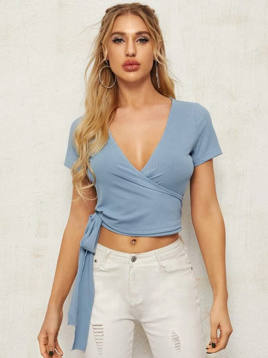 Surplice Front Tie Side Crop Ribbed Top freeshipping - Kendiee