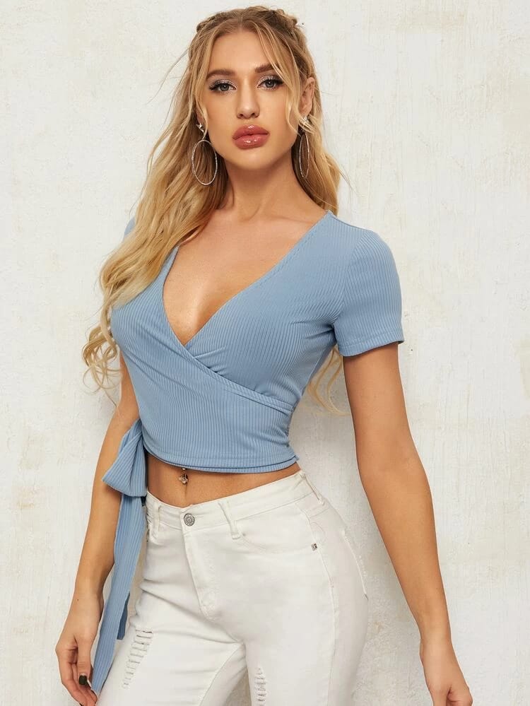 Surplice Front Tie Side Crop Ribbed Top freeshipping - Kendiee