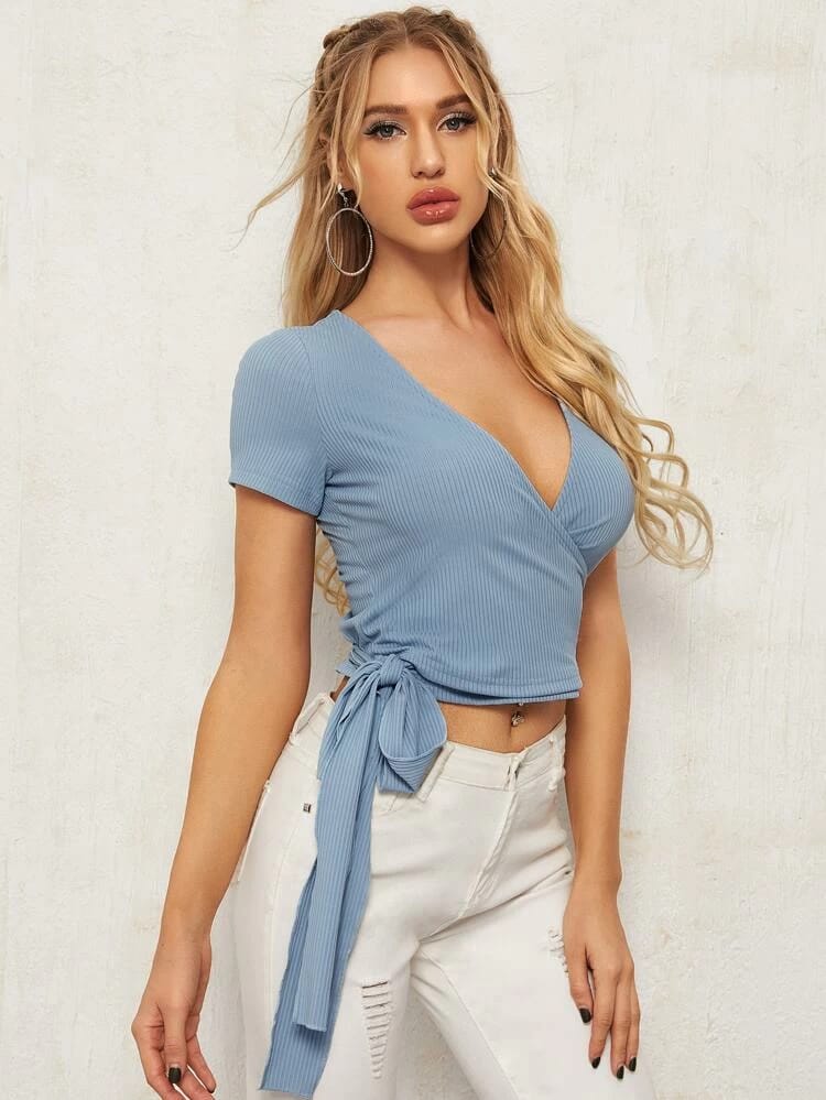 Surplice Front Tie Side Crop Ribbed Top freeshipping - Kendiee