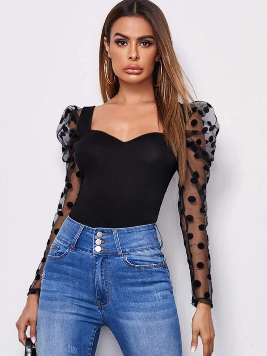 Sweetheart Neck Polka Dot Flocked Mesh Gigot Sleeve Top freeshipping - Kendiee