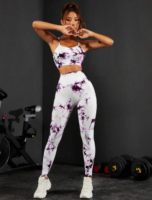 Tie Dye Print Backless Camisole & High Waist Pants Sports Set