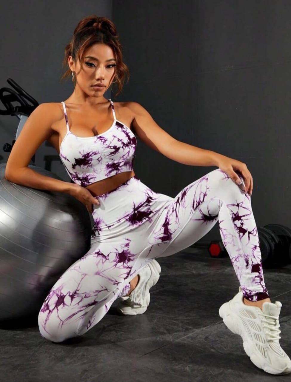 Tie Dye Print Backless Camisole & High Waist Pants Sports Set