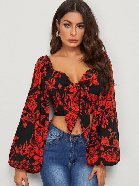 Tie Front Shirred Detail Bishop Sleeve Floral Crop Top freeshipping - Kendiee