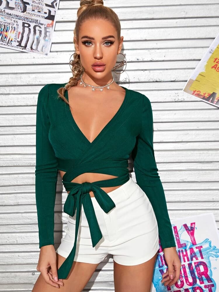 Tie Hem Wrap Crop Top freeshipping - Kendiee