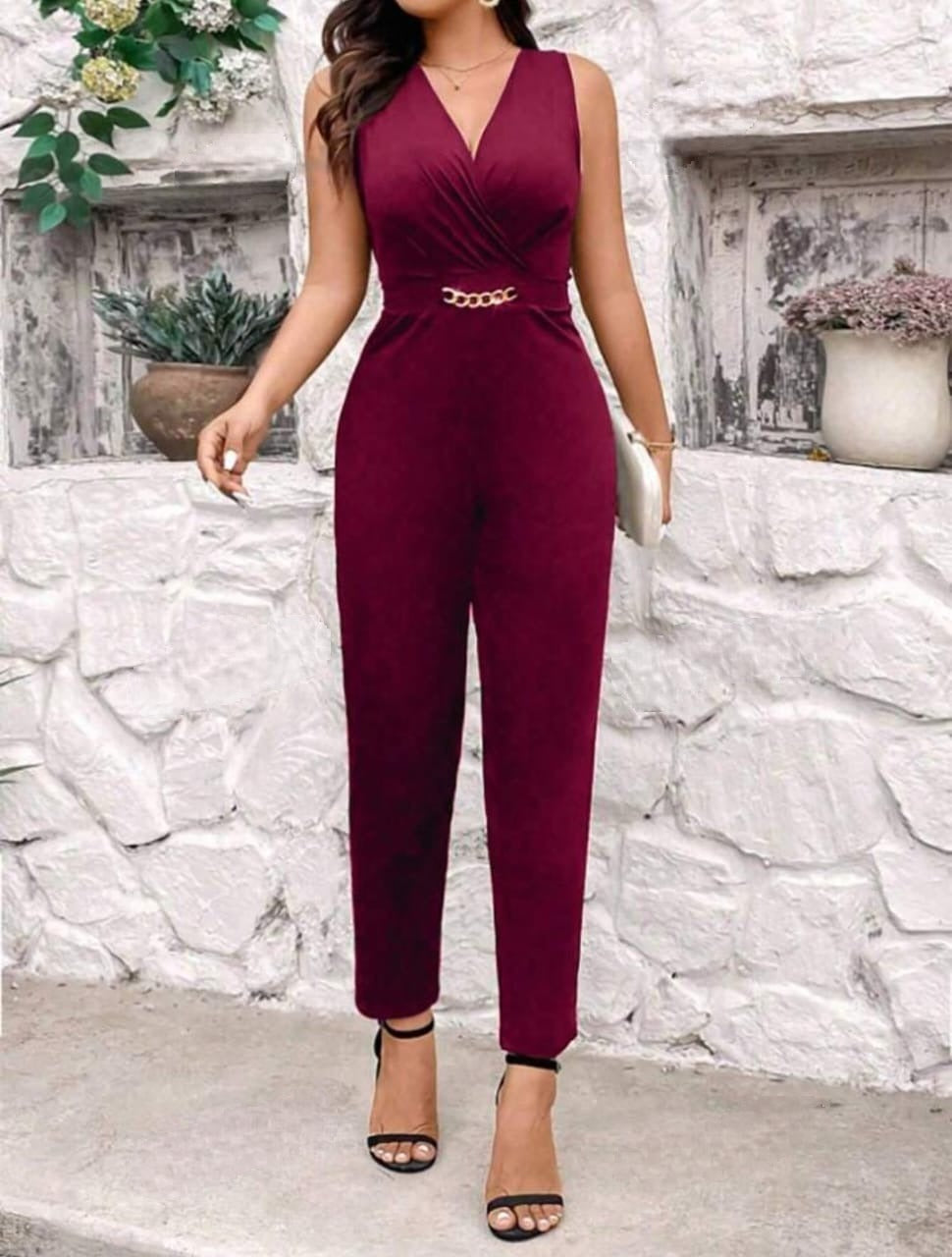 V-Neck Metal Chain Patchwork Jumpsuit