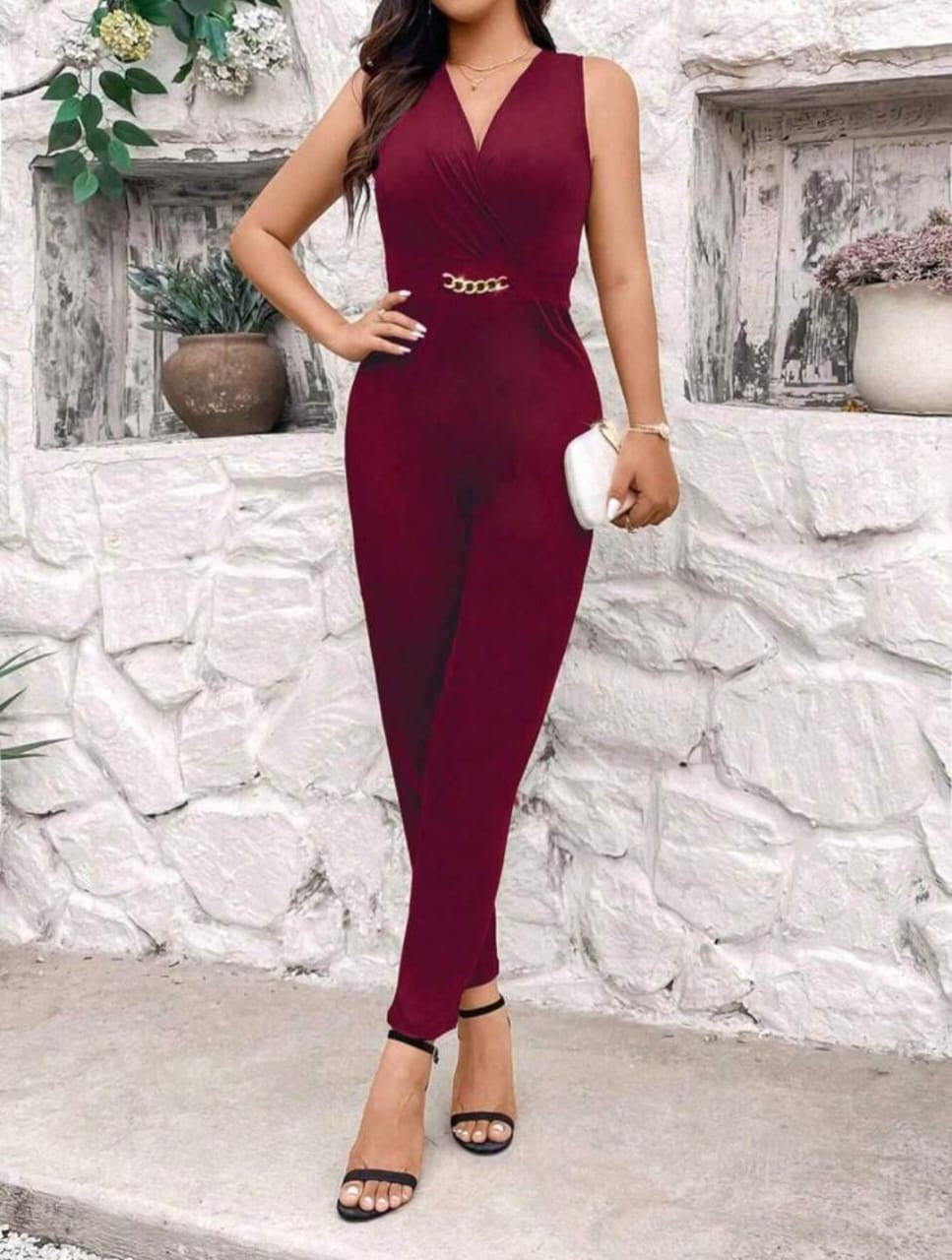 V-Neck Metal Chain Patchwork Jumpsuit