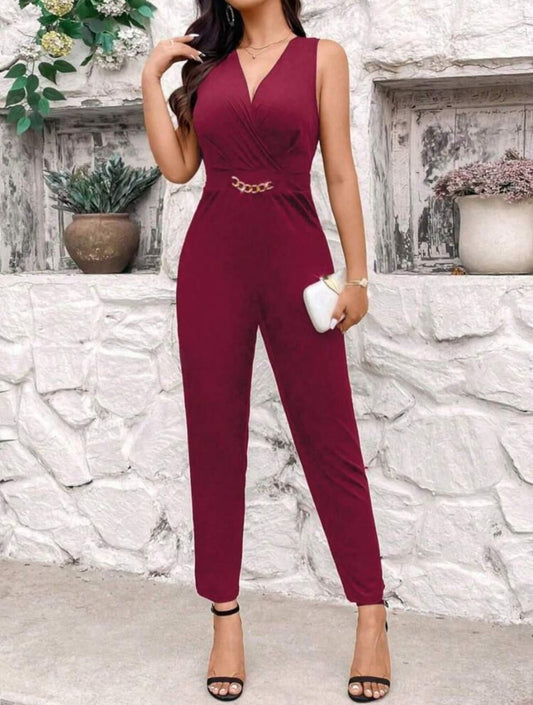 V-Neck Metal Chain Patchwork Jumpsuit