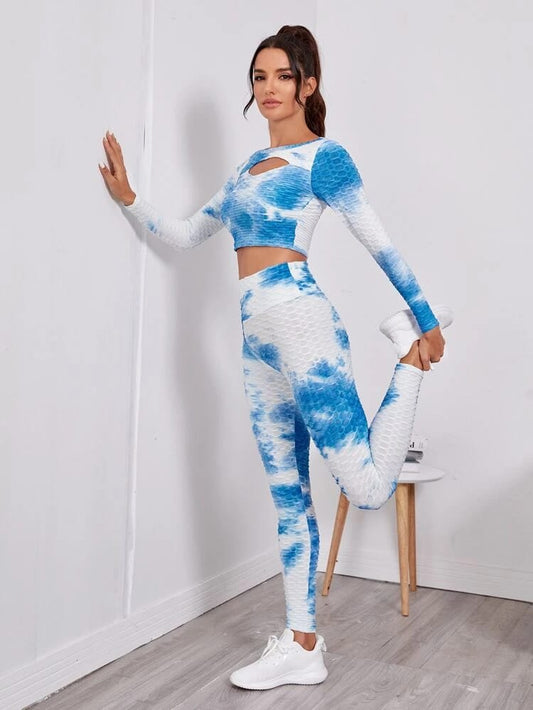 Tie Dye Peekaboo Front Sport Tee & Textured Sports Leggings freeshipping - Kendiee