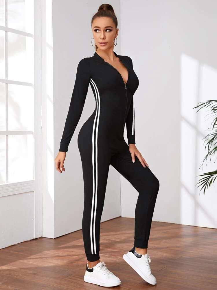 Zip Front Side Striped Jumpsuit freeshipping - Kendiee