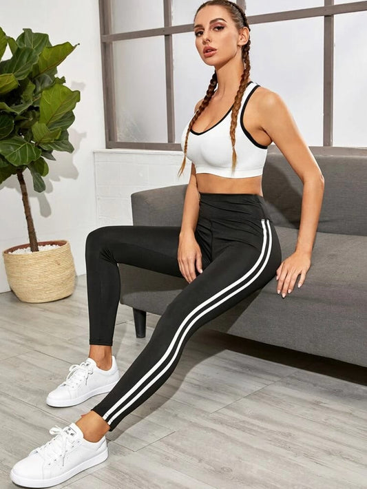 High Waist Side Striped Sports Leggings freeshipping - Kendiee